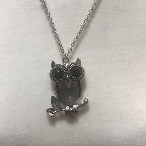 Long Silver Owl Pendant Necklace